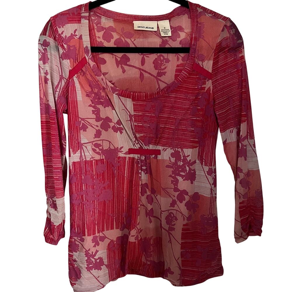 DKNY top women’s size medium sheer pink floral long sleeve blouse VTG Y2K